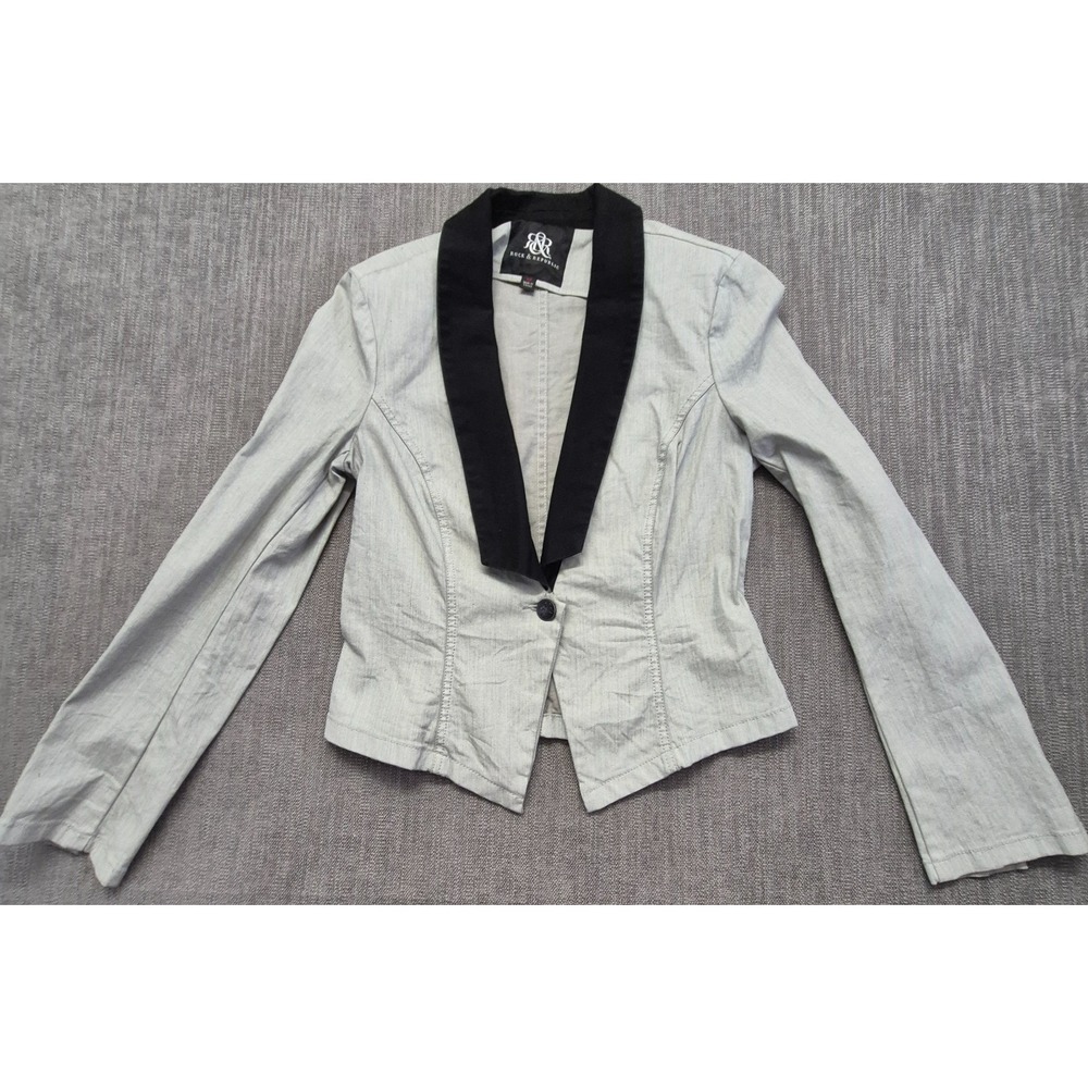 Rock & Republic Women's Blazer Jacket sz 12 Gray Black Tuxedo Collar Cotton